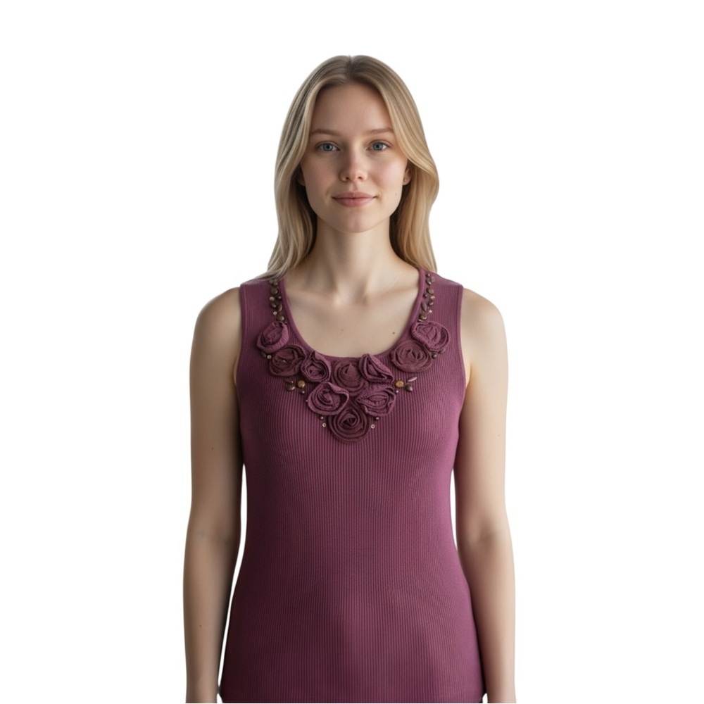 Ruby Rd Ribbed Sleeveless Tank Top, Floral Embellishments, Color Plum, Size PXL